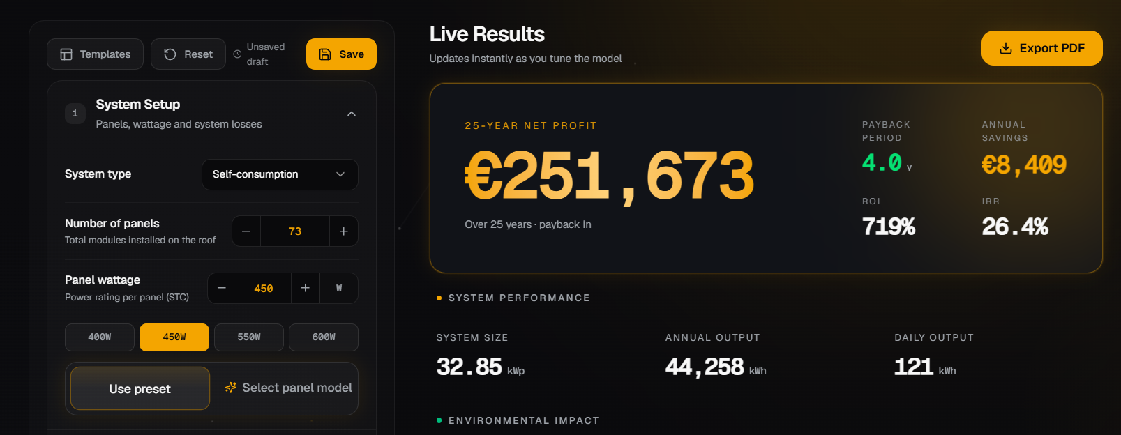 Solara calculator showing system setup and live ROI results